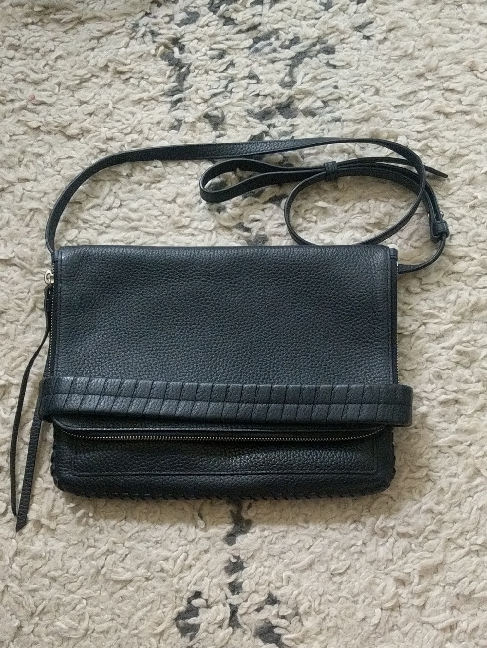 AllSaints Club Black Leather Convertible Crossbody Clutch Bag Medium Braided